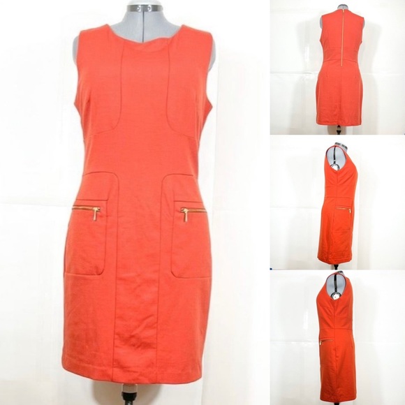 Sharagano NWOT Sz14 Patch Pockets Lined Gold Zipper Sleeveless Sheath Dress - Picture 1 of 5